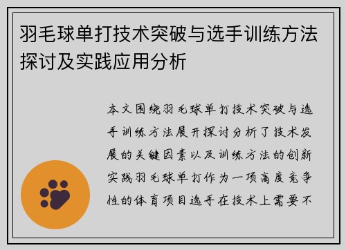 羽毛球单打技术突破与选手训练方法探讨及实践应用分析